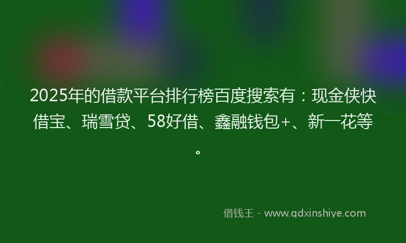 2025年的借款平台排行榜百度搜索有：现金侠快借宝、瑞雪贷、58好借、鑫融钱包+、新一花等。