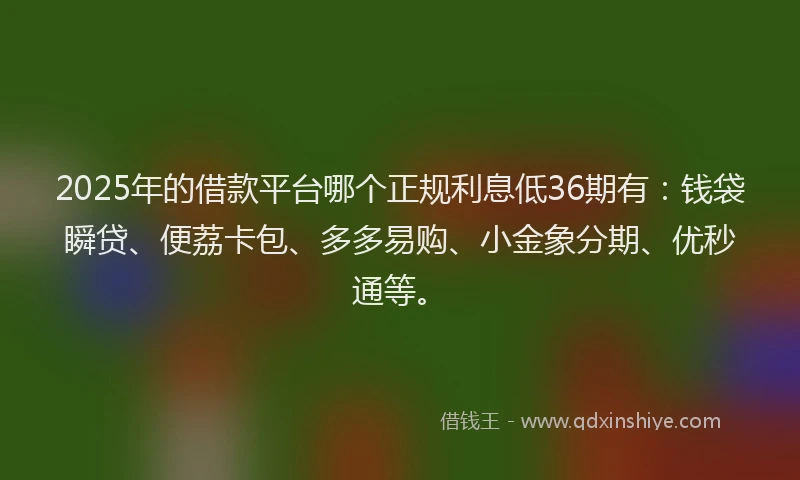 2025年的借款平台哪个正规利息低36期有：钱袋瞬贷、便荔卡包、多多易购、小金象分期、优秒通等。