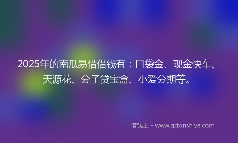 2025年的南瓜易借借钱有：口袋金、现金快车、天源花、分子贷宝盒、小爱分期等。