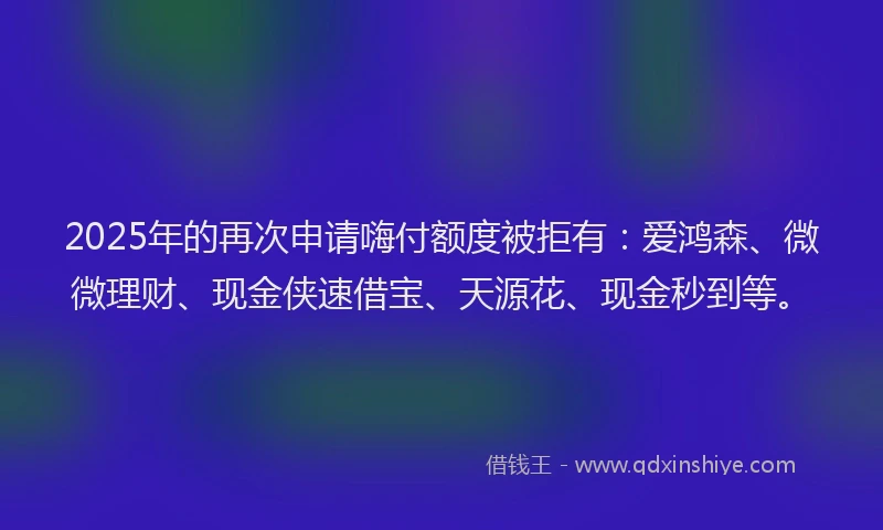 2025年的再次申请嗨付额度被拒有：爱鸿森、微微理财、现金侠速借宝、天源花、现金秒到等。