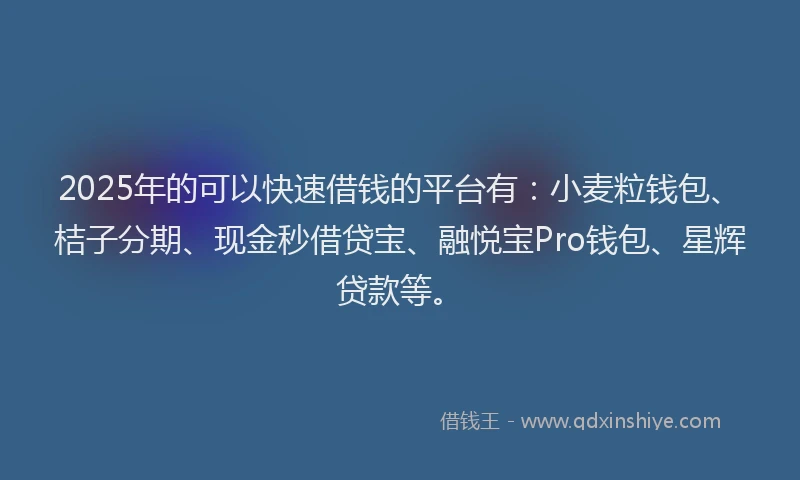 2025年的可以快速借钱的平台有：小麦粒钱包、桔子分期、现金秒借贷宝、融悦宝Pro钱包、星辉贷款等。