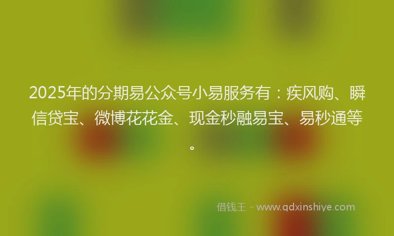 2025年的分期易公众号小易服务有：疾风购、瞬信贷宝、微博花花金、现金秒融易宝、易秒通等。