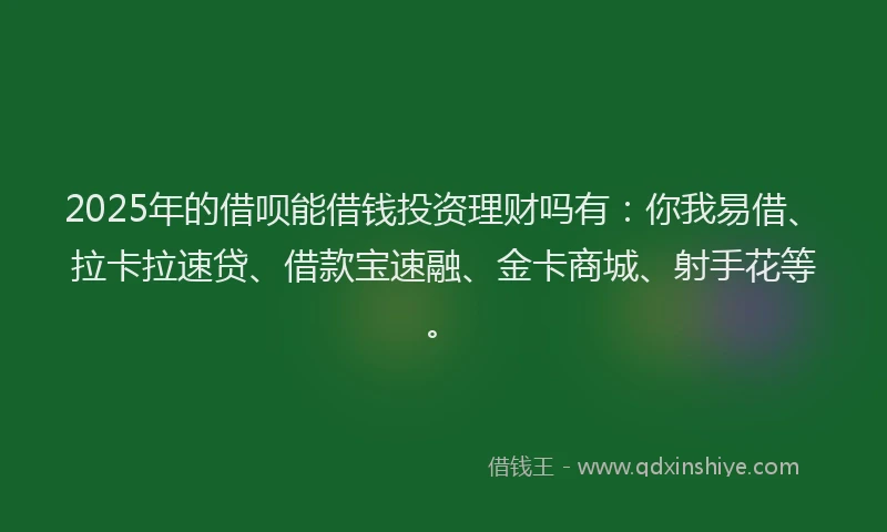 2025年的借呗能借钱投资理财吗有：你我易借、拉卡拉速贷、借款宝速融、金卡商城、射手花等。