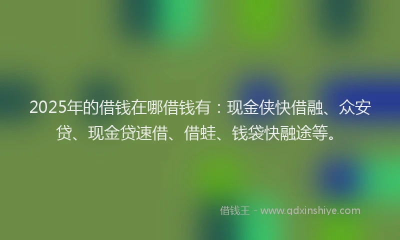 2025年的借钱在哪借钱有：现金侠快借融、众安贷、现金贷速借、借蛙、钱袋快融途等。