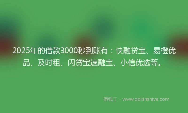 2025年的借款3000秒到账有：快融贷宝、易橙优品、及时租、闪贷宝速融宝、小信优选等。