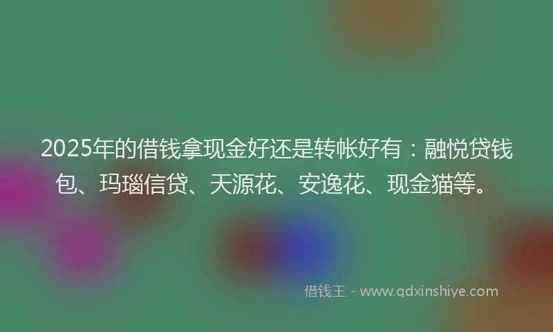 2025年的借钱拿现金好还是转帐好有：融悦贷钱包、玛瑙信贷、天源花、安逸花、现金猫等。