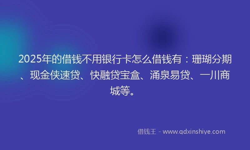 2025年的借钱不用银行卡怎么借钱有：珊瑚分期、现金侠速贷、快融贷宝盒、涌泉易贷、一川商城等。