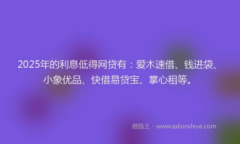 2025年的利息低得网贷有：爱木速借、钱进袋、小象优品、快借易贷宝、掌心租等。