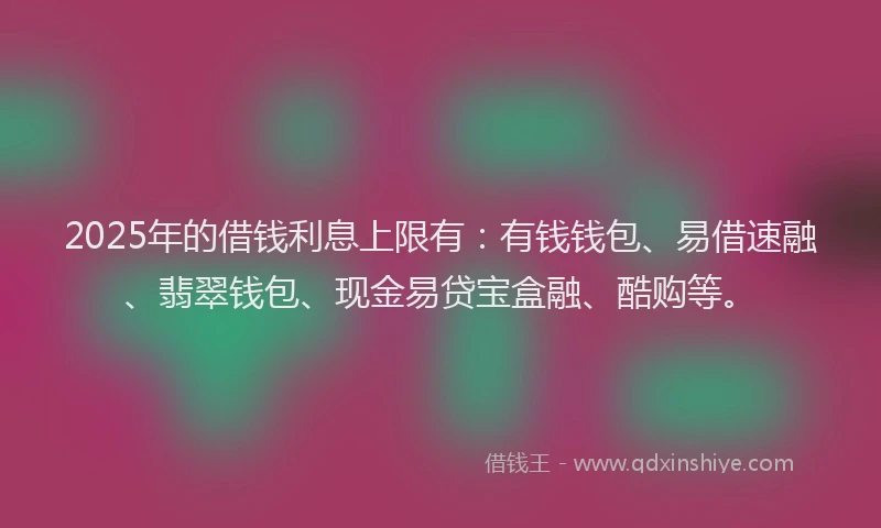 2025年的借钱利息上限有：有钱钱包、易借速融、翡翠钱包、现金易贷宝盒融、酷购等。