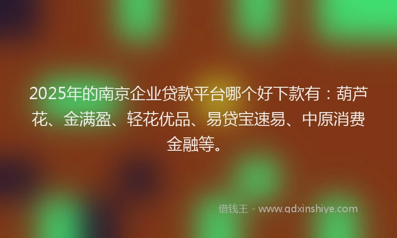 2025年的南京企业贷款平台哪个好下款有：葫芦花、金满盈、轻花优品、易贷宝速易、中原消费金融等。