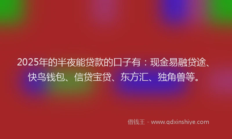 2025年的半夜能贷款的口子有：现金易融贷途、快鸟钱包、信贷宝贷、东方汇、独角兽等。