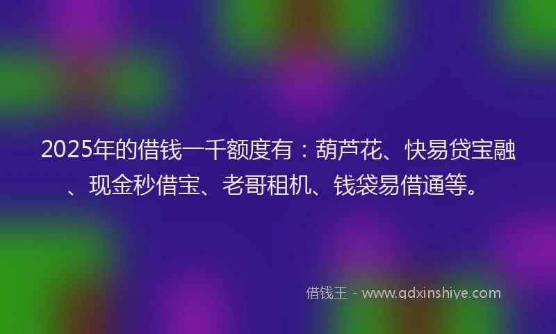 2025年的借钱一千额度有：葫芦花、快易贷宝融、现金秒借宝、老哥租机、钱袋易借通等。
