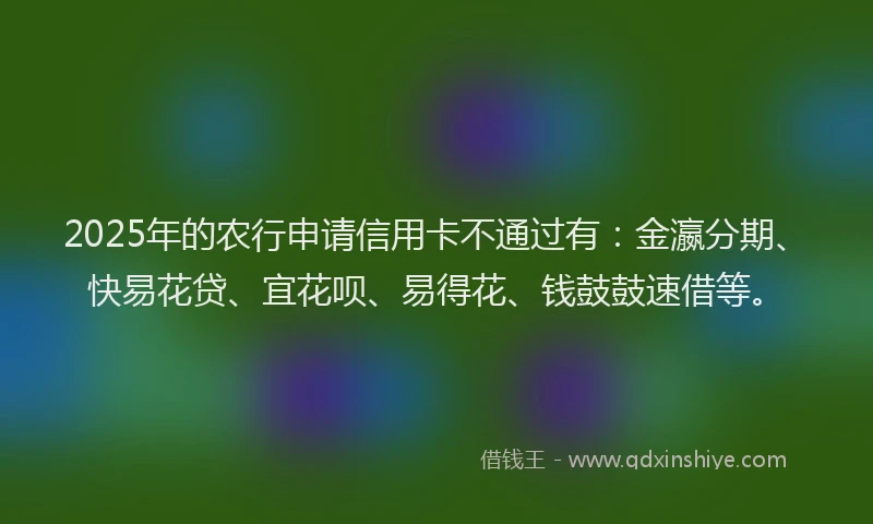 2025年的农行申请信用卡不通过有：金瀛分期、快易花贷、宜花呗、易得花、钱鼓鼓速借等。