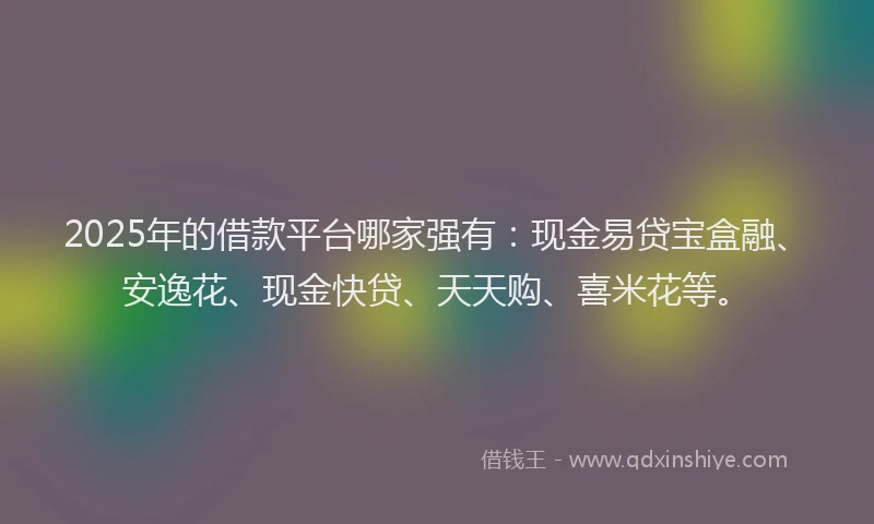 2025年的借款平台哪家强有：现金易贷宝盒融、安逸花、现金快贷、天天购、喜米花等。
