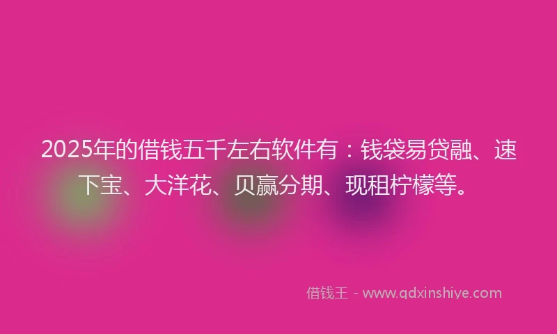 2025年的借钱五千左右软件有：钱袋易贷融、速下宝、大洋花、贝赢分期、现租柠檬等。