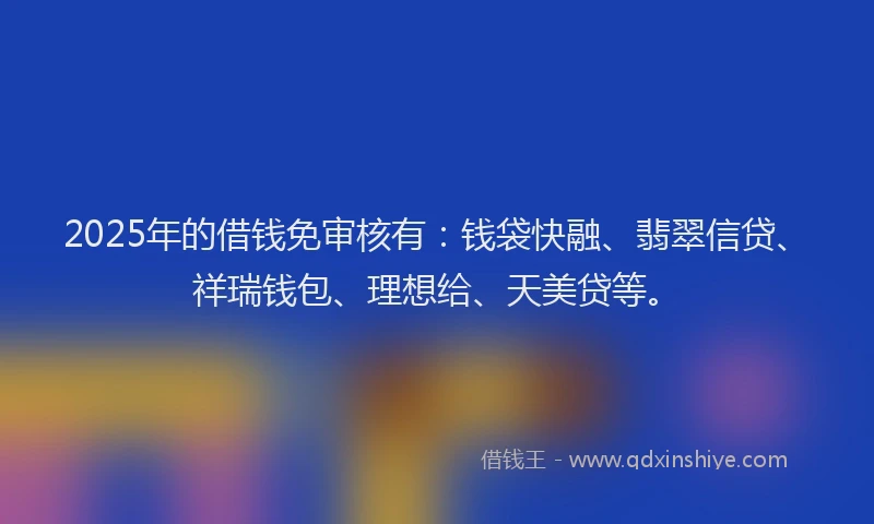2025年的借钱免审核有：钱袋快融、翡翠信贷、祥瑞钱包、理想给、天美贷等。