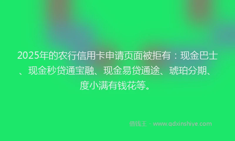 2025年的农行信用卡申请页面被拒有：现金巴士、现金秒贷通宝融、现金易贷通途、琥珀分期、度小满有钱花等。