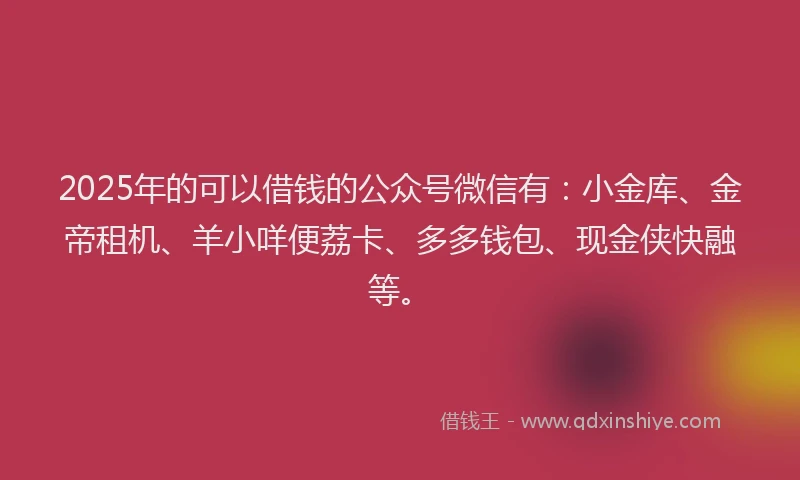 2025年的可以借钱的公众号微信有：小金库、金帝租机、羊小咩便荔卡、多多钱包、现金侠快融等。