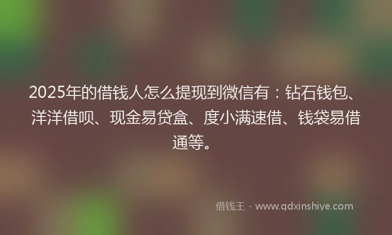 2025年的借钱人怎么提现到微信有：钻石钱包、洋洋借呗、现金易贷盒、度小满速借、钱袋易借通等。