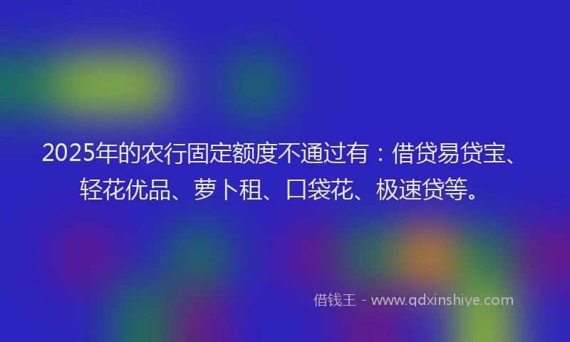 2025年的农行固定额度不通过有：借贷易贷宝、轻花优品、萝卜租、口袋花、极速贷等。