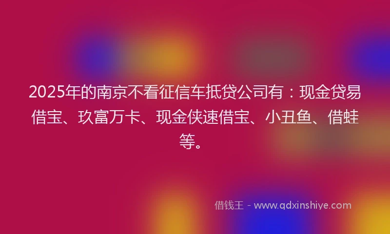 2025年的南京不看征信车抵贷公司有：现金贷易借宝、玖富万卡、现金侠速借宝、小丑鱼、借蛙等。