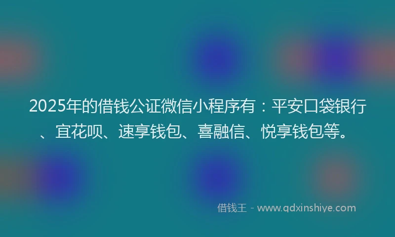 2025年的借钱公证微信小程序有：平安口袋银行、宜花呗、速享钱包、喜融信、悦享钱包等。