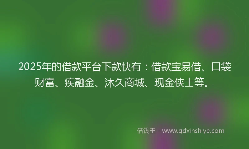 2025年的借款平台下款快有：借款宝易借、口袋财富、疾融金、沐久商城、现金侠士等。