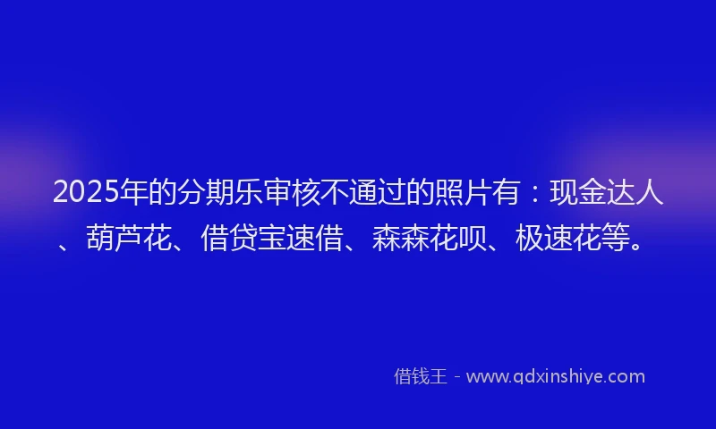 2025年的分期乐审核不通过的照片有：现金达人、葫芦花、借贷宝速借、森森花呗、极速花等。