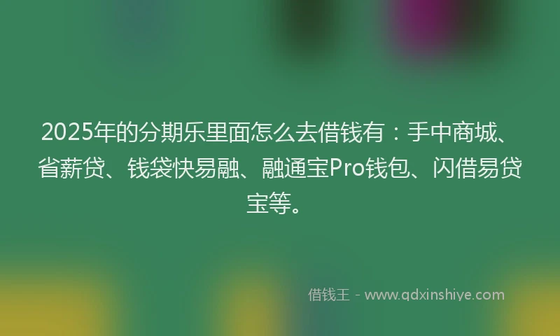 2025年的分期乐里面怎么去借钱有：手中商城、省薪贷、钱袋快易融、融通宝Pro钱包、闪借易贷宝等。