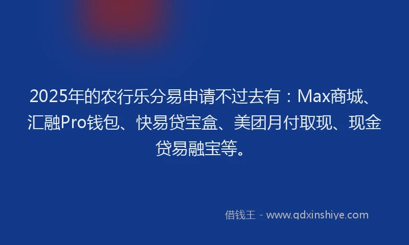 2025年的农行乐分易申请不过去有：Max商城、汇融Pro钱包、快易贷宝盒、美团月付取现、现金贷易融宝等。