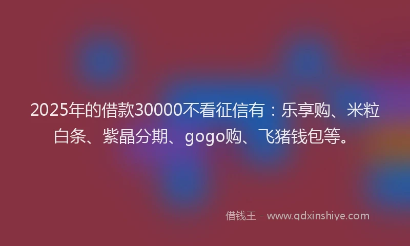 2025年的借款30000不看征信有：乐享购、米粒白条、紫晶分期、gogo购、飞猪钱包等。