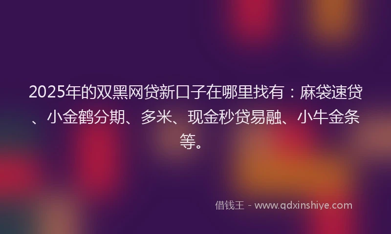 2025年的双黑网贷新口子在哪里找有：麻袋速贷、小金鹤分期、多米、现金秒贷易融、小牛金条等。