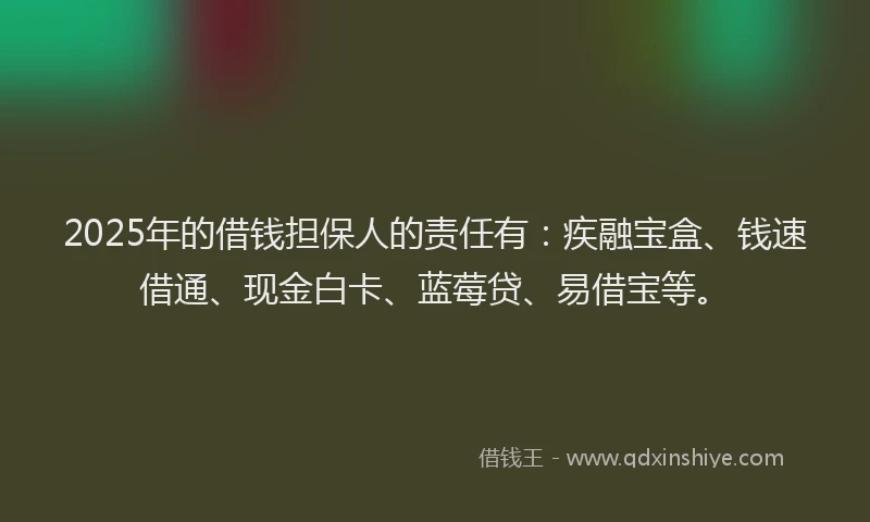 2025年的借钱担保人的责任有：疾融宝盒、钱速借通、现金白卡、蓝莓贷、易借宝等。