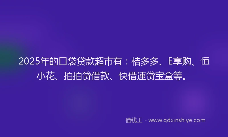 2025年的口袋贷款超市有：桔多多、E享购、恒小花、拍拍贷借款、快借速贷宝盒等。