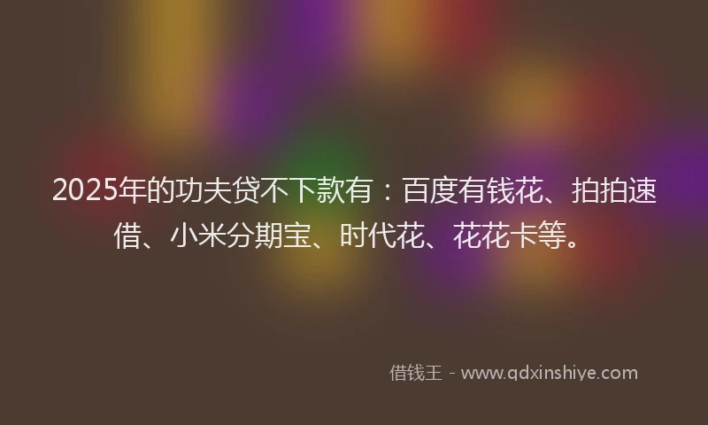2025年的功夫贷不下款有：百度有钱花、拍拍速借、小米分期宝、时代花、花花卡等。