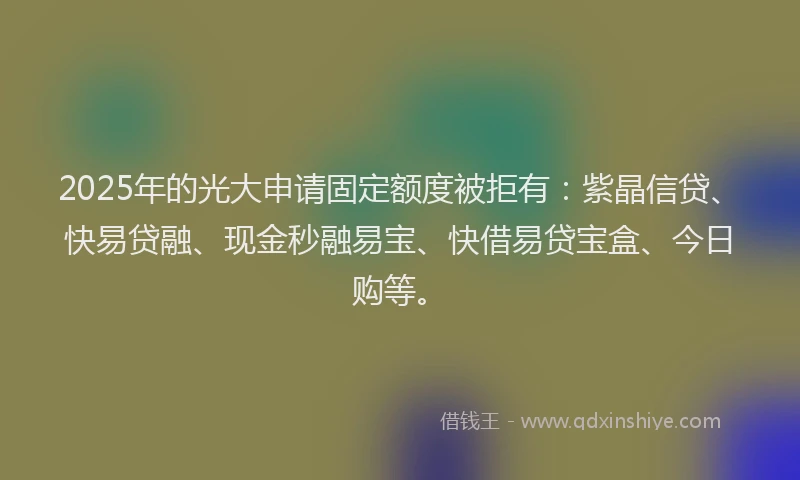2025年的光大申请固定额度被拒有：紫晶信贷、快易贷融、现金秒融易宝、快借易贷宝盒、今日购等。