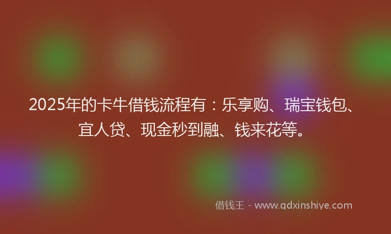 2025年的卡牛借钱流程有：乐享购、瑞宝钱包、宜人贷、现金秒到融、钱来花等。