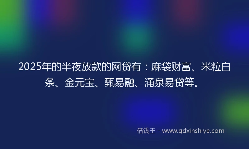 2025年的半夜放款的网贷有：麻袋财富、米粒白条、金元宝、甄易融、涌泉易贷等。