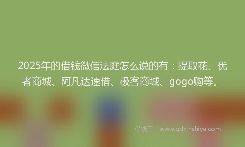2025年的借钱微信法庭怎么说的有：提取花、优者商城、阿凡达速借、极客商城、gogo购等。