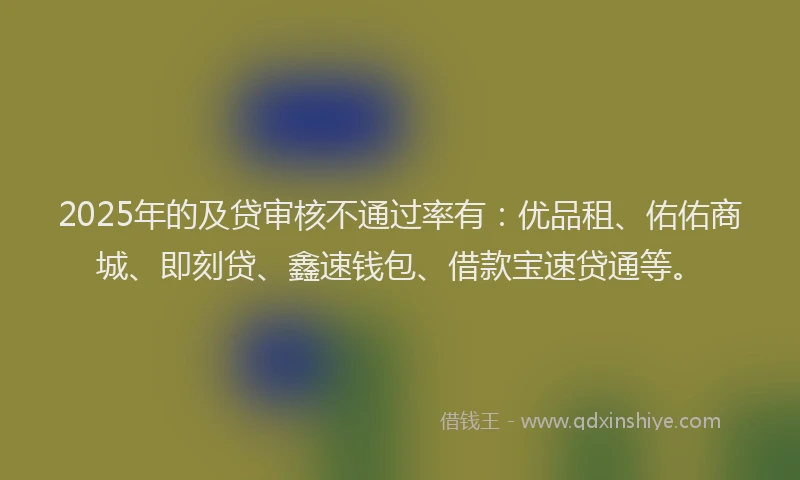 2025年的及贷审核不通过率有：优品租、佑佑商城、即刻贷、鑫速钱包、借款宝速贷通等。
