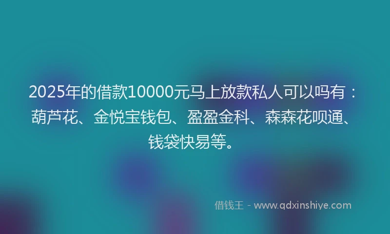 2025年的借款10000元马上放款私人可以吗有：葫芦花、金悦宝钱包、盈盈金科、森森花呗通、钱袋快易等。