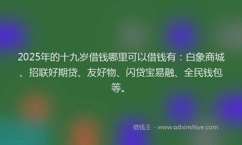 2025年的十九岁借钱哪里可以借钱有：白象商城、招联好期贷、友好物、闪贷宝易融、全民钱包等。