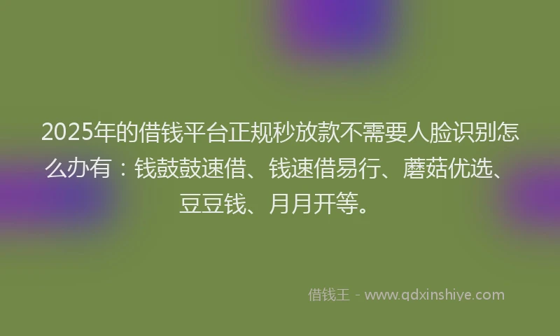 2025年的借钱平台正规秒放款不需要人脸识别怎么办有：钱鼓鼓速借、钱速借易行、蘑菇优选、豆豆钱、月月开等。