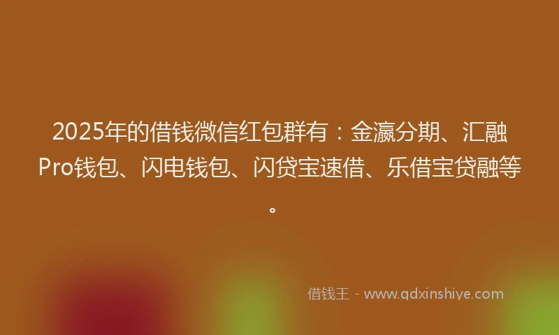 2025年的借钱微信红包群有：金瀛分期、汇融Pro钱包、闪电钱包、闪贷宝速借、乐借宝贷融等。