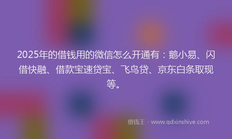 2025年的借钱用的微信怎么开通有：鹅小易、闪借快融、借款宝速贷宝、飞鸟贷、京东白条取现等。