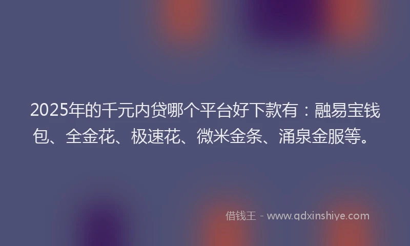 2025年的千元内贷哪个平台好下款有：融易宝钱包、全金花、极速花、微米金条、涌泉金服等。