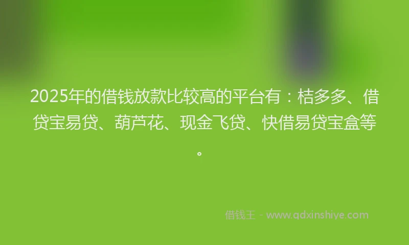 2025年的借钱放款比较高的平台有：桔多多、借贷宝易贷、葫芦花、现金飞贷、快借易贷宝盒等。