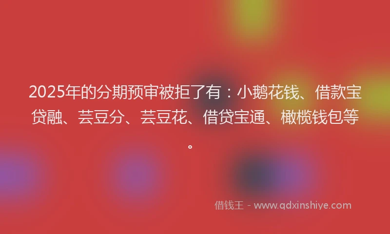 2025年的分期预审被拒了有：小鹅花钱、借款宝贷融、芸豆分、芸豆花、借贷宝通、橄榄钱包等。