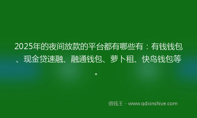 2025年的夜间放款的平台都有哪些有：有钱钱包、现金贷速融、融通钱包、萝卜租、快鸟钱包等。