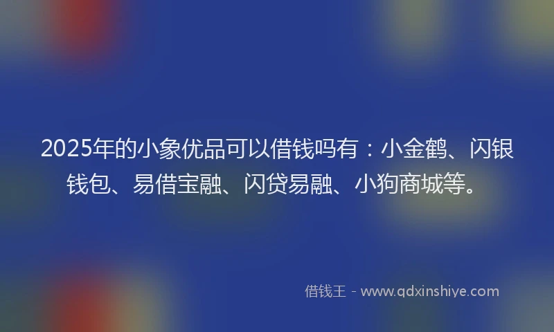2025年的小象优品可以借钱吗有：小金鹤、闪银钱包、易借宝融、闪贷易融、小狗商城等。
